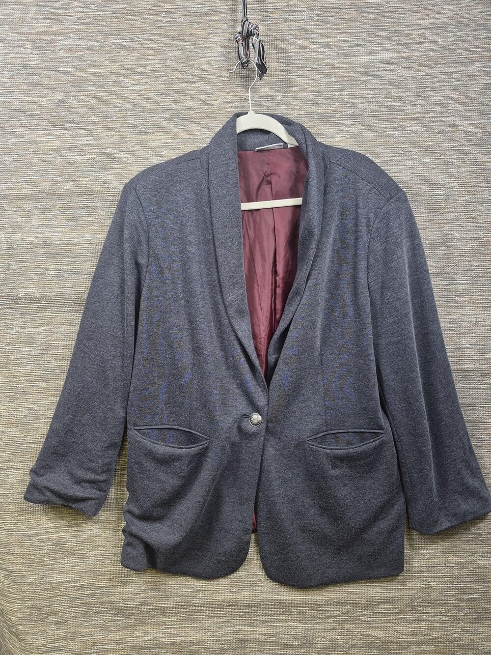 Susan Graver Blazer Womens 1X Gray Shawl Collar Knit Lined One Button Jacket